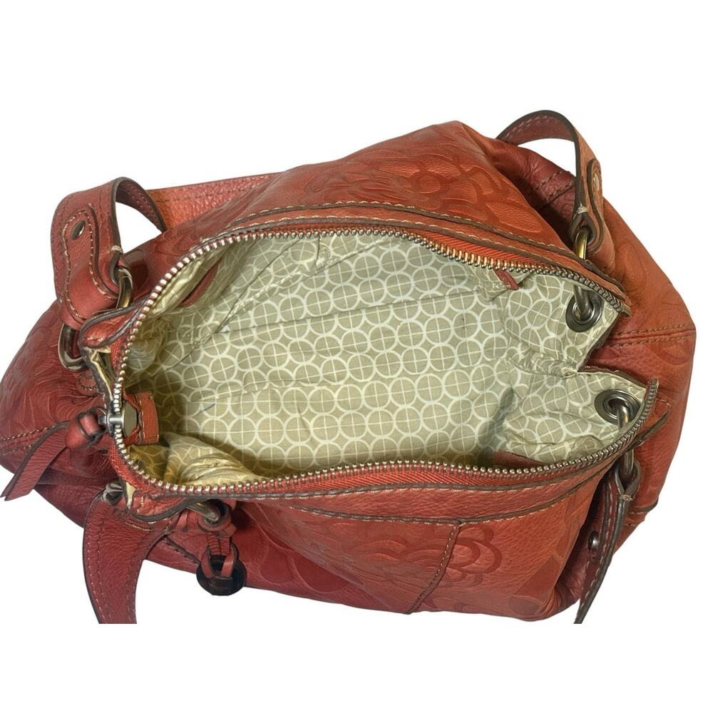 Fossil Shoulder Bag Coral Embossed Floral Double Handle Tortoise Key Charm EUC - Picture 14 of 16
